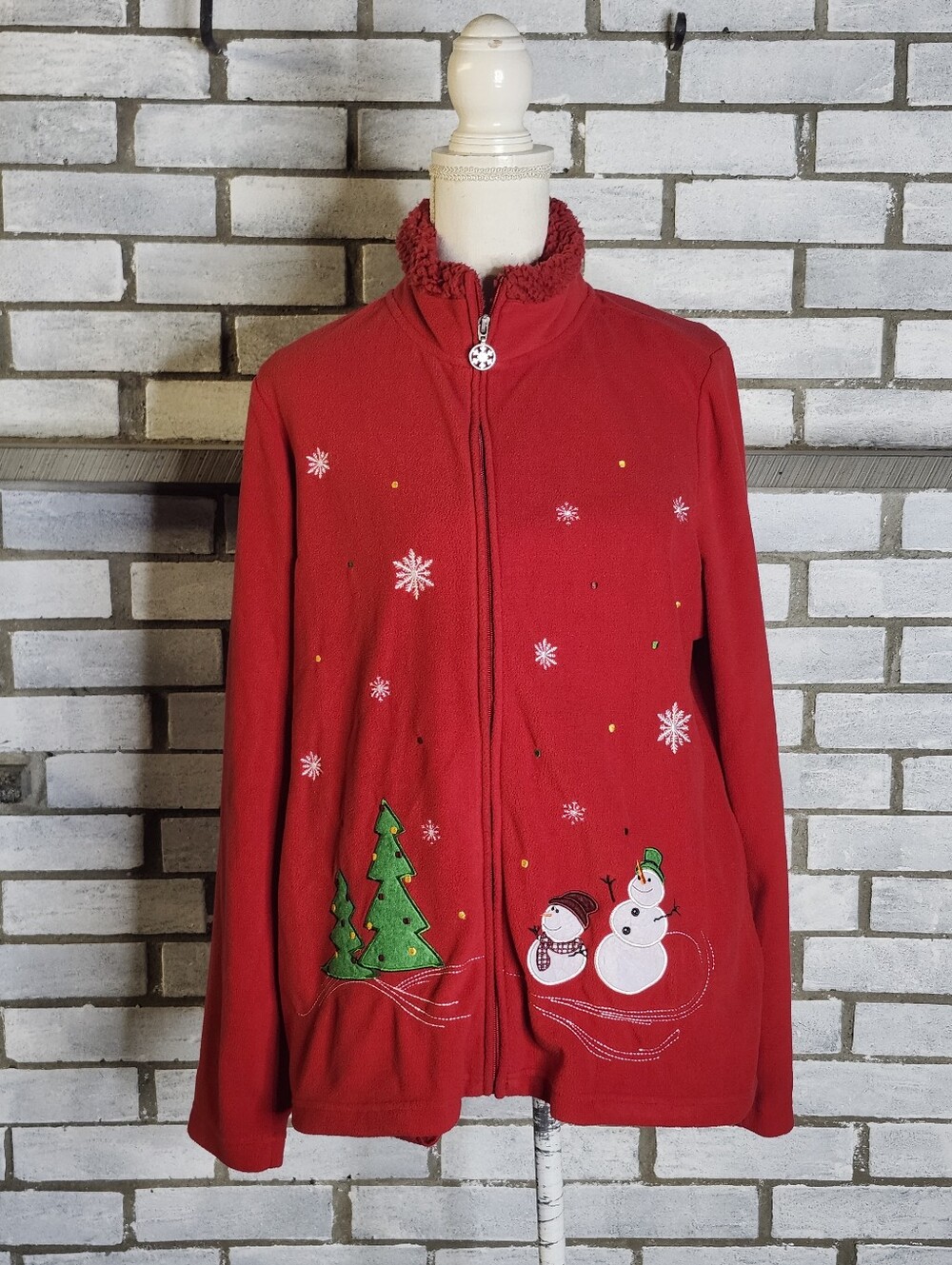 •Jason Maxwell Christmas Fleece Jacket Womens Large Red Snowman Ugly Holiday Zip